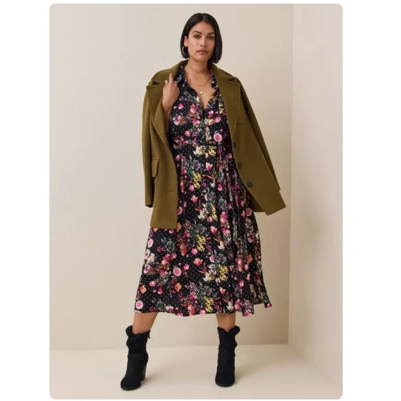 Torrid Studio Floral Dot Tea Length 3/4 Sleeve Shirt Midi Dress Black Medium - Picture 1 of 12